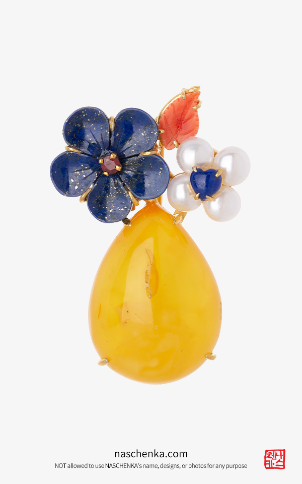 1546098 - 호박 브로치 청금석 브로치 라피스라쥴리 브로치 원석 브로치 쫀득한 오렌지와 꽃 나스첸카 NASCHENKA