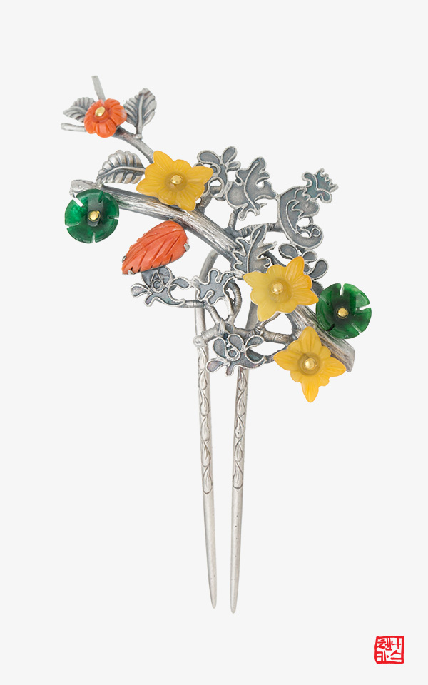 1507342 - [나스첸카 NASCHENKA] 미소 _ 산호 호박 비취 뒤꽂이 _ 결혼 웨딩 한복 전통장신구 한복 머리장식