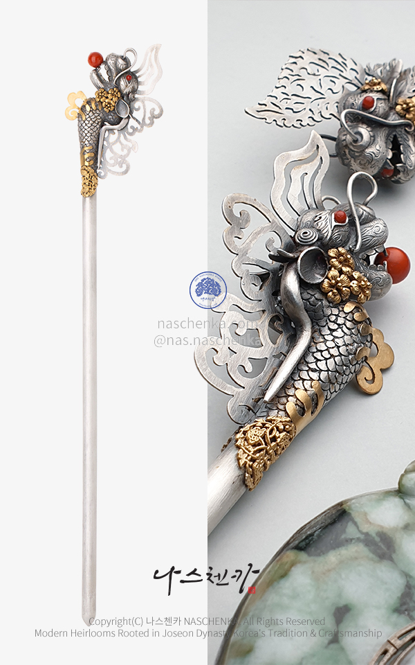 10946403 - 35 cm [나스첸카 NASCHENKA] 모란 미르 용잠 용비녀 _  Peony & Dragon Binyeo Silver 나스첸카 NASCHENKA비녀 