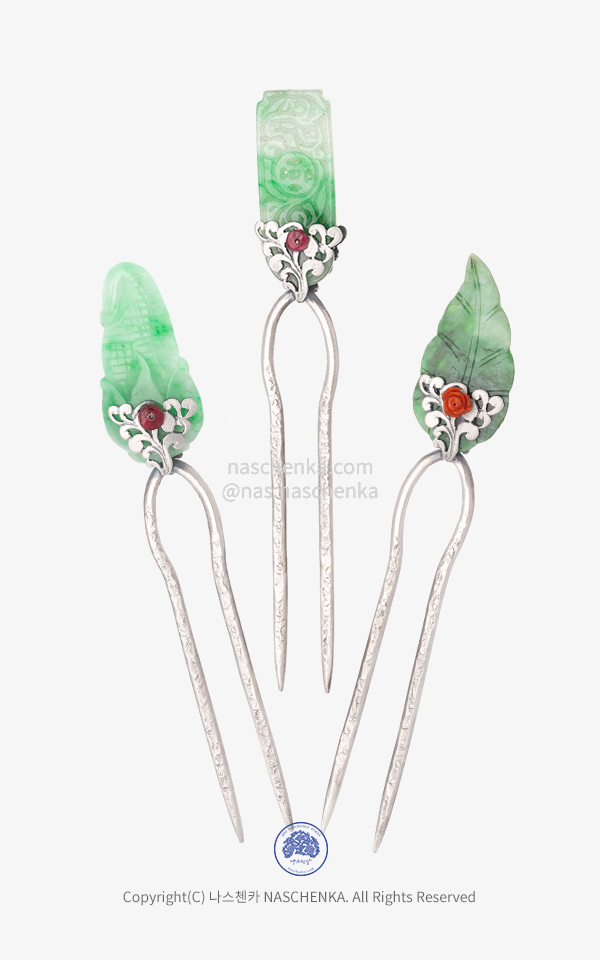 1554123 - NASCHENKA.com 나스첸카 NASCHENKA를 경험하다 7 _ 한복 머리 비취 삼작 키트 은 뒤꽂이