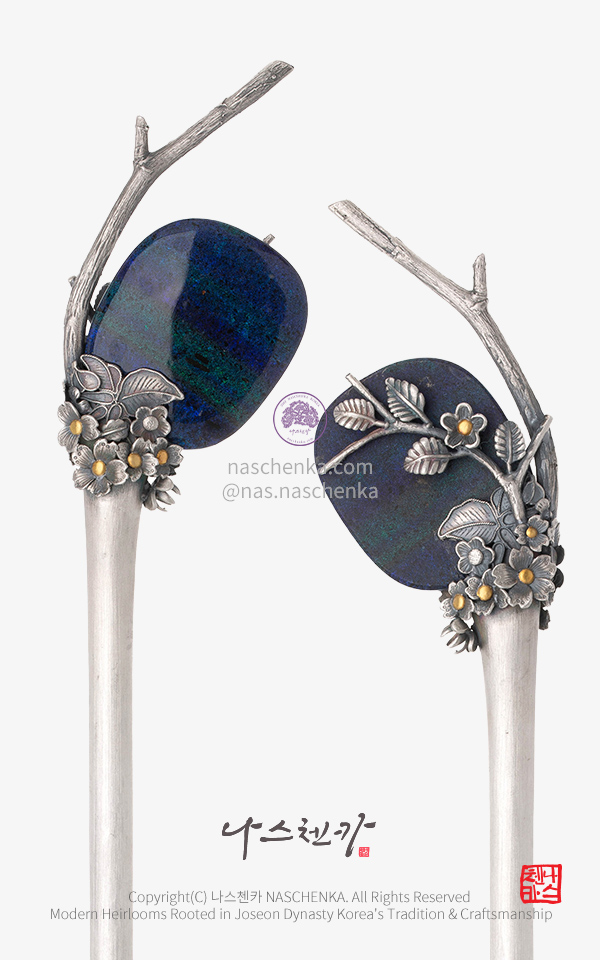 10956786 - 전통 비녀 [나스첸카 NASCHENKA] 흑청 오팔 매화지 은비녀 _ Natural Opal Plum Blossom Silver Binyeo