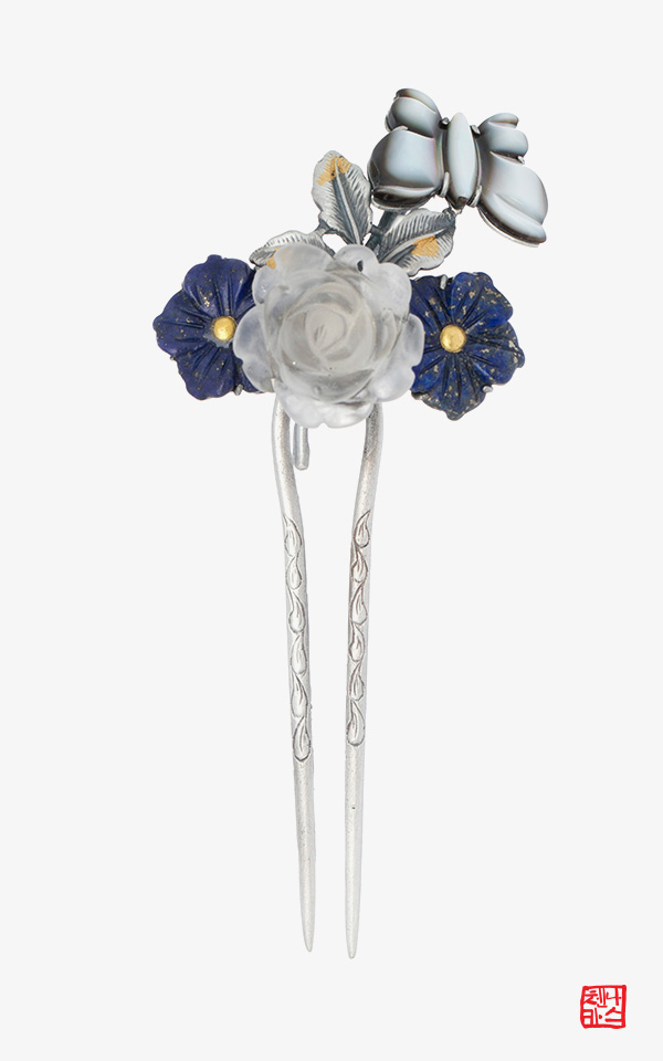 1470709 - 한복 머리장식 머리꽂이 [나스첸카 NASCHENKA] 물머금은 화이트꽃 _ 청금석 뒤꽂이 silver 925 