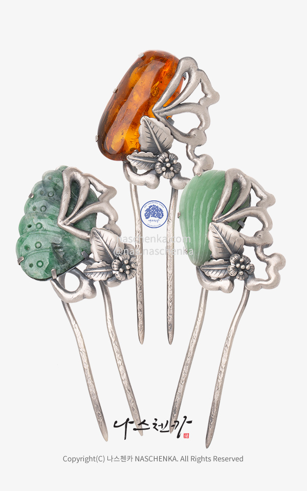 10942809 - [나스첸카 NASCHENKA] 안녕하세요 고급 삼작 뒤꽂이 입니다 _전통 은공예 비취 삼작 뒤꽂이