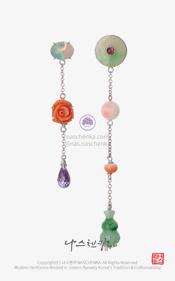 10958383 - Coral · Opal · Jade — Long Drop Earrings | NASCHENKA 나스첸카 NASCHENKA 원석 산호 비취 귀걸이