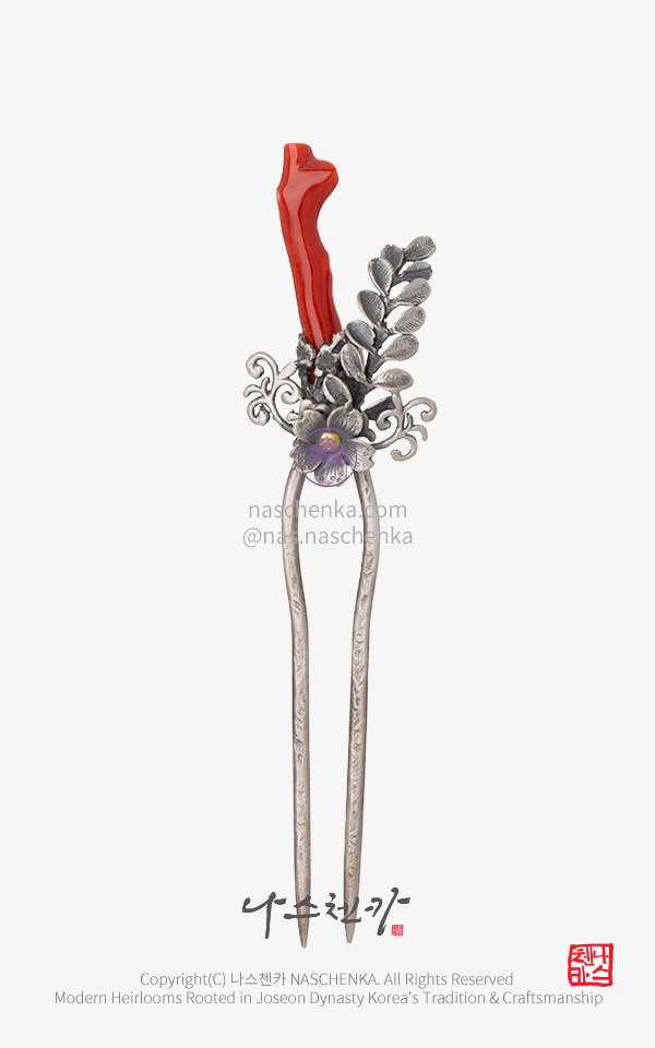 10956954 - 산호지화  2 — 천연 산호 가지 은 뒤꽂이 Sanhojihwa · Natural Coral Branch Silver Dwikkoji