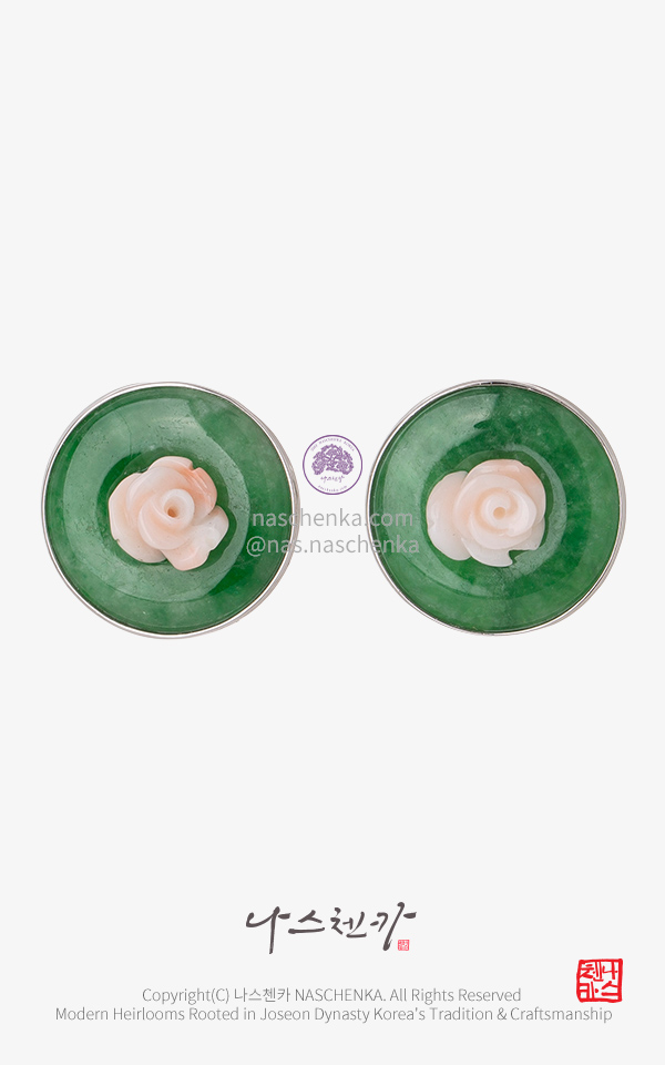 10958644 - 산호화 — 천연 산호 장미·비취 귀걸이