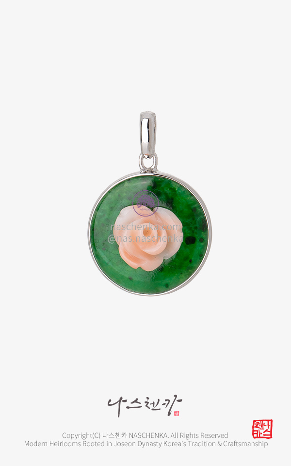 10958645 - 산호화 — 천연 산호 장미·비취 팬던트 