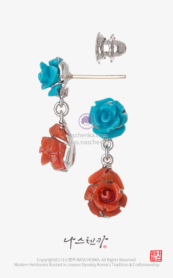 10958697 - 천연 터키석 산호 댕글 귀걸이 은 