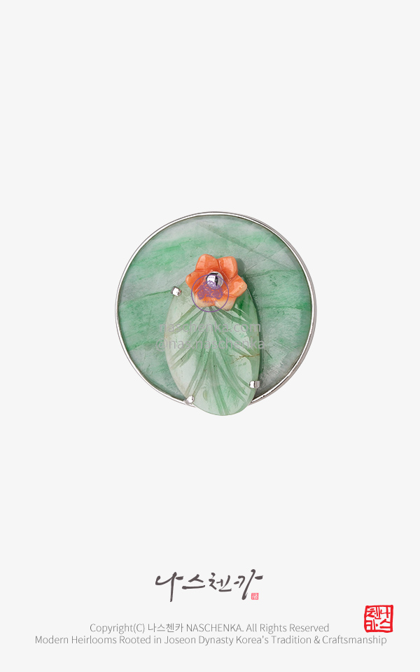 10958921 - 크랙감있는 앤틱 골동 비취 천연 산호 은 팬던트 